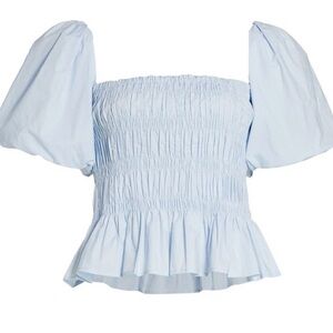 ASTR the Label Savina Blue Smocked Puff Sleeve Peplum Blouse 100% Cotton NWOT